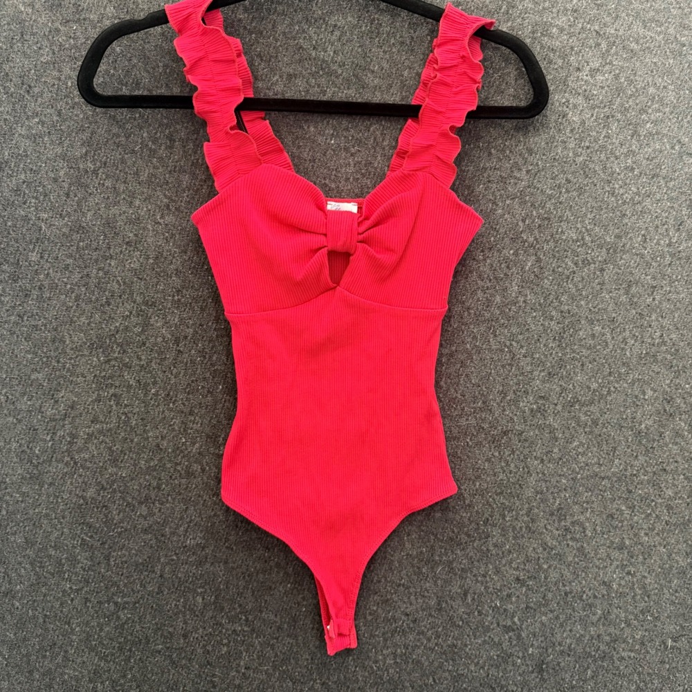 Francescas Blue Rain Red Ribbed Ruffle Strap Bow Bodysuit XS Coquette Cottage